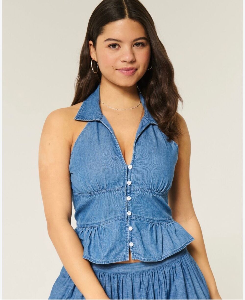 Hollister Chambray Blue Button Front Halter Top Size Medium New